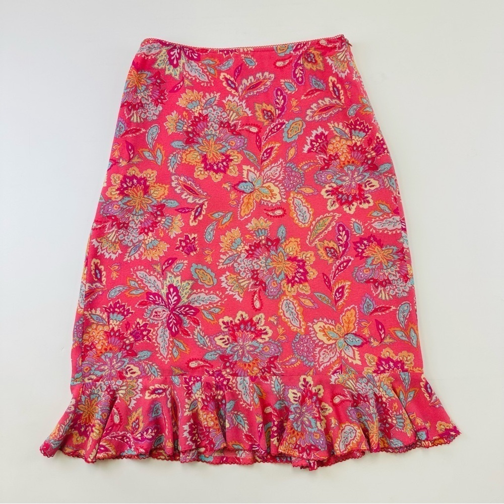 Sigrid Olsen pink floral skirt with ruffle hem Size Small Petite lined feminine